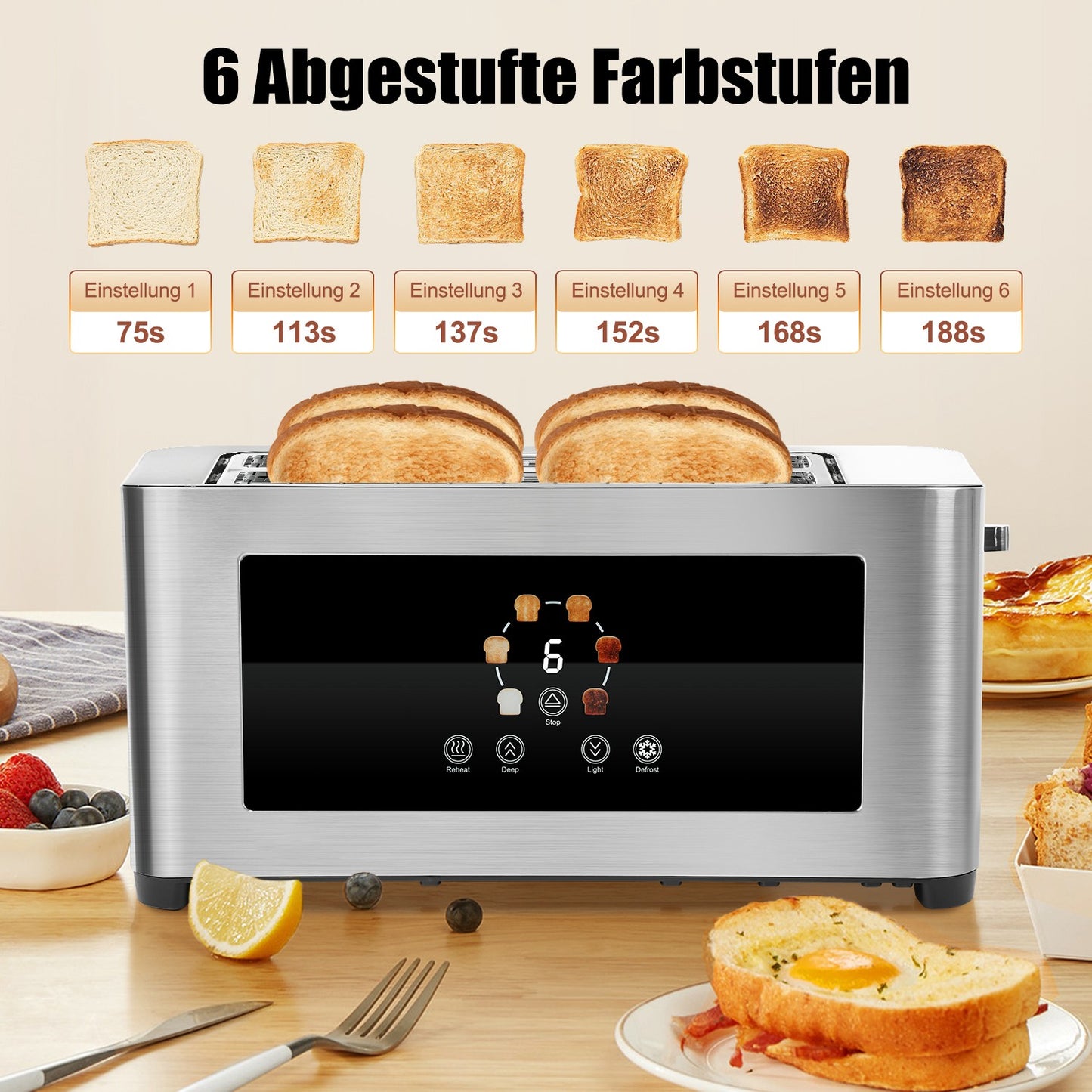Langschlitztoaster 4 Scheiben mit Brötchenaufsatz 1400W Edelstahl