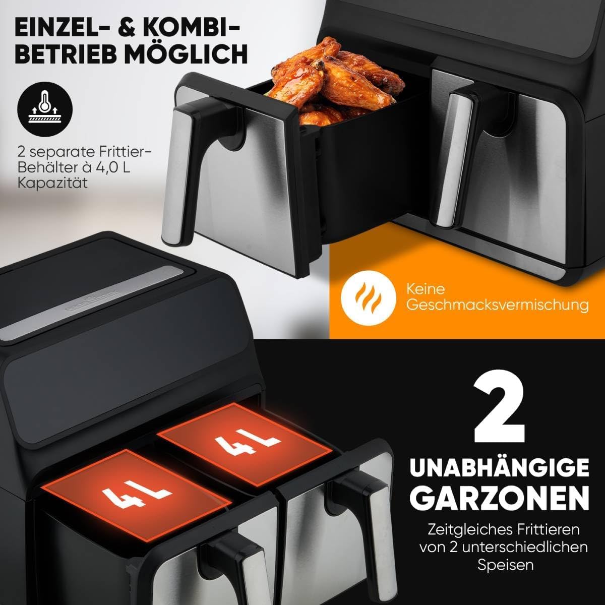 2 Kammern | 8L Heißluftfritteuse Doppelkammer | kein Öl oder Fett | Air Fryer m. Color-Display | Doppel Heißluftfritteuse 2200 Watt | Heißluftfritteuse XXL | PC-FR 1287 H