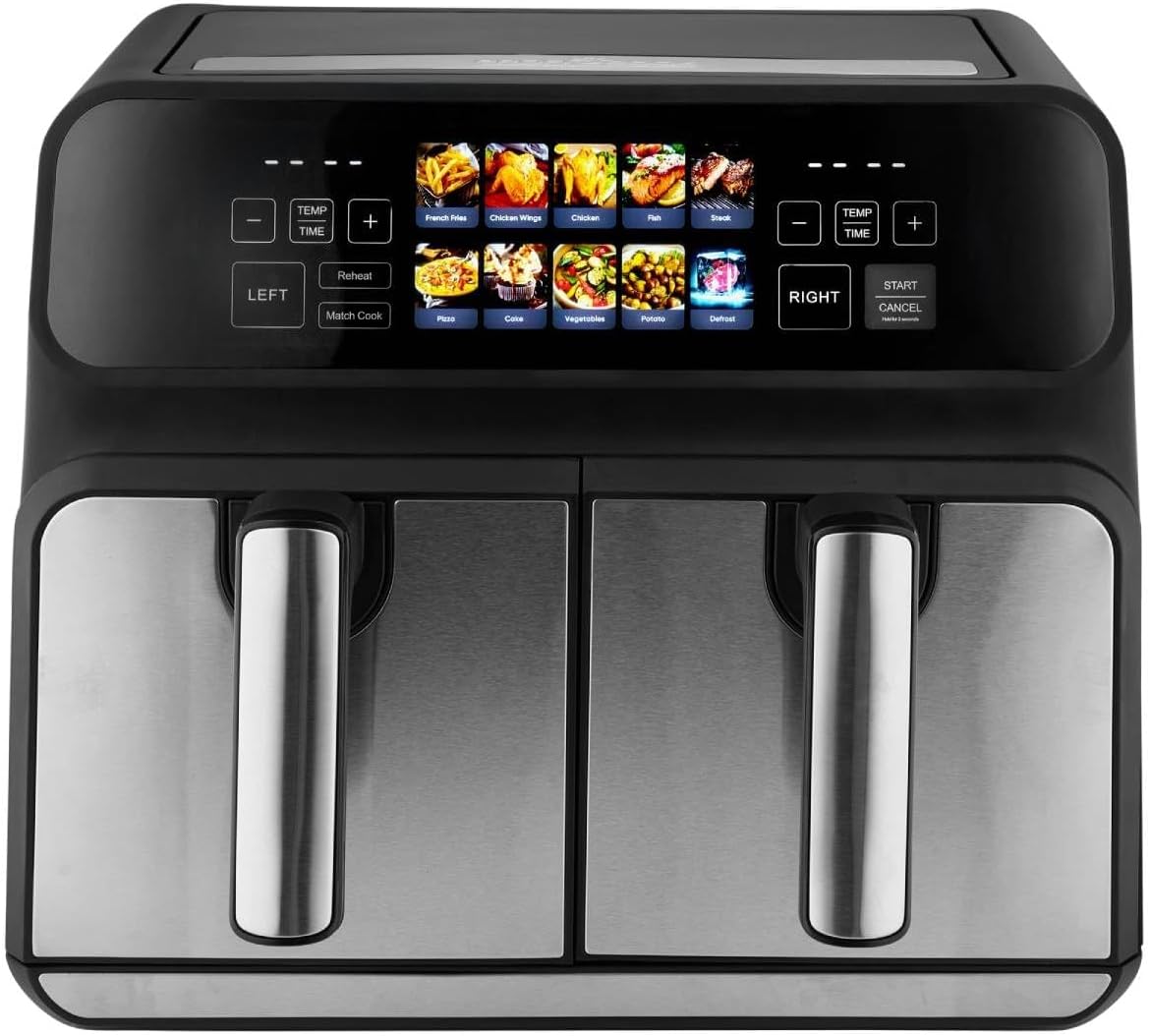 2 Kammern | 8L Heißluftfritteuse Doppelkammer | kein Öl oder Fett | Air Fryer m. Color-Display | Doppel Heißluftfritteuse 2200 Watt | Heißluftfritteuse XXL | PC-FR 1287 H