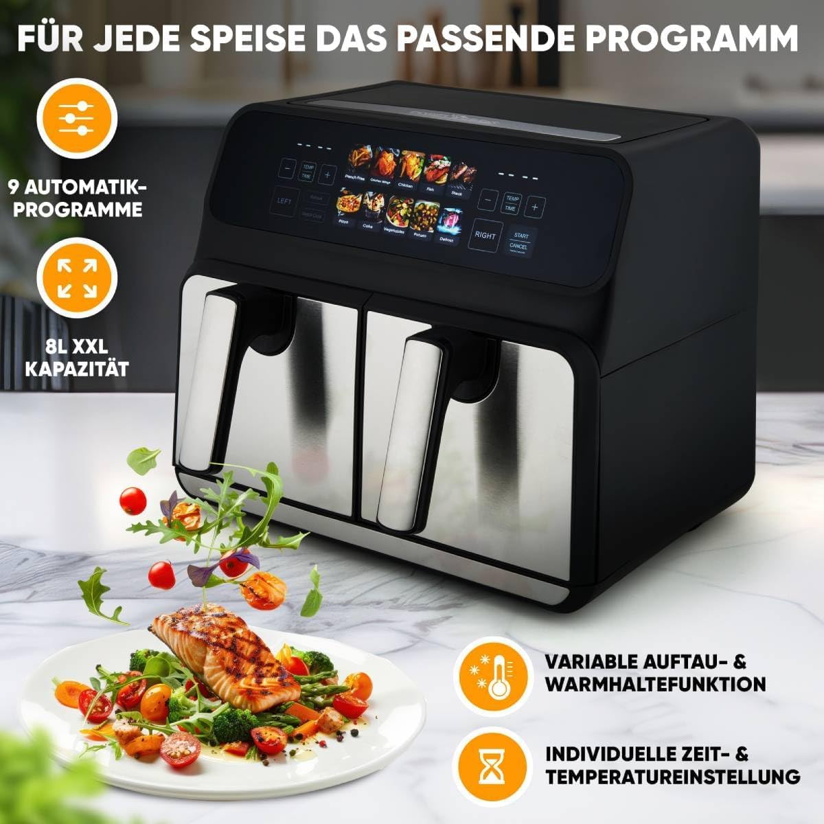 2 Kammern | 8L Heißluftfritteuse Doppelkammer | kein Öl oder Fett | Air Fryer m. Color-Display | Doppel Heißluftfritteuse 2200 Watt | Heißluftfritteuse XXL | PC-FR 1287 H