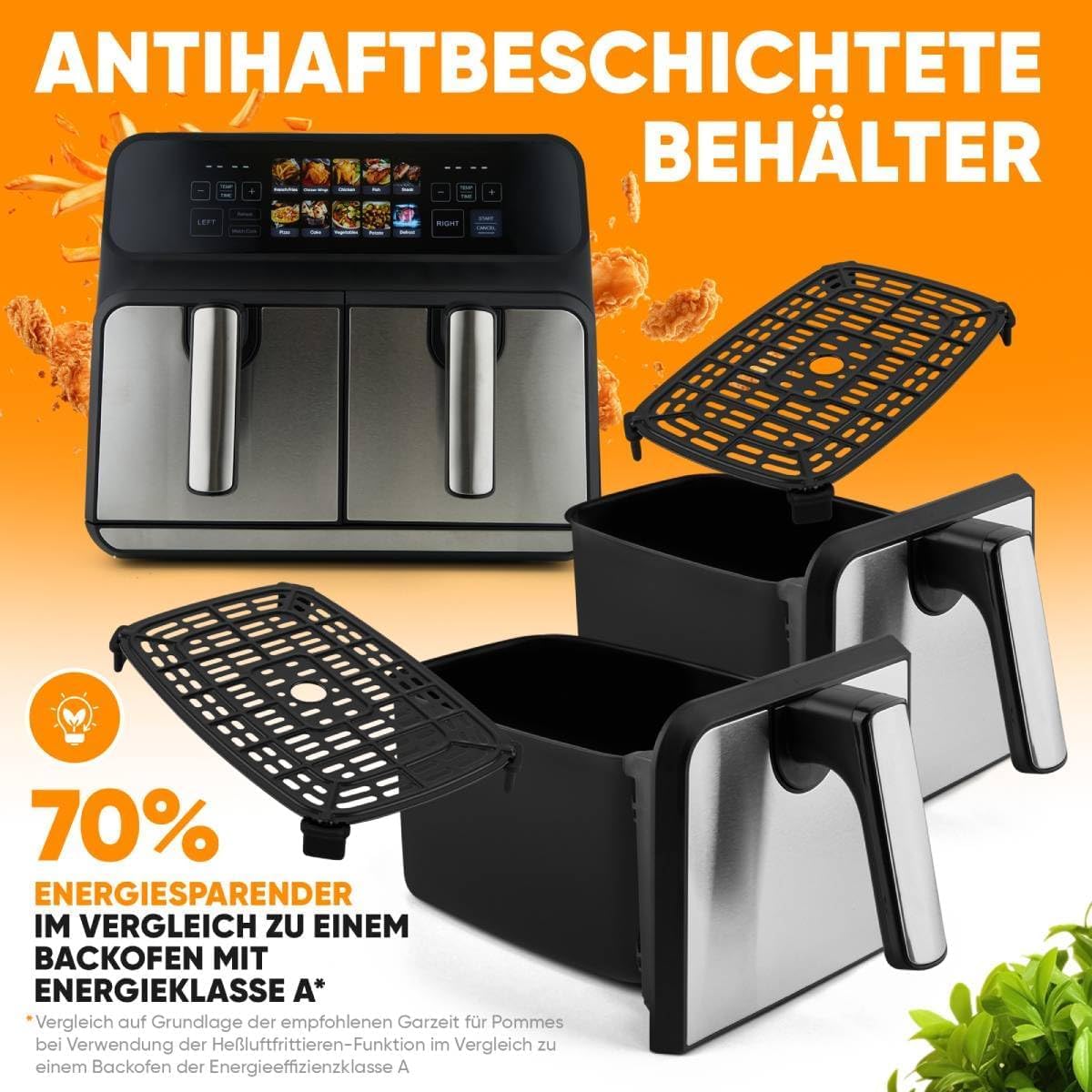 2 Kammern | 8L Heißluftfritteuse Doppelkammer | kein Öl oder Fett | Air Fryer m. Color-Display | Doppel Heißluftfritteuse 2200 Watt | Heißluftfritteuse XXL | PC-FR 1287 H