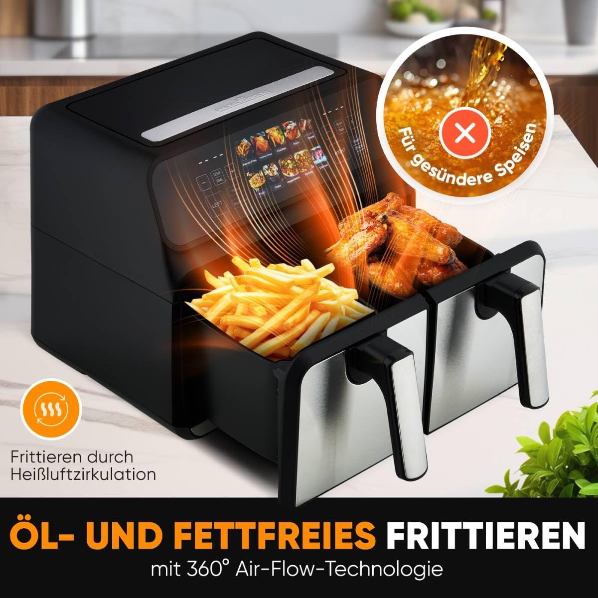 2 Kammern | 8L Heißluftfritteuse Doppelkammer | kein Öl oder Fett | Air Fryer m. Color-Display | Doppel Heißluftfritteuse 2200 Watt | Heißluftfritteuse XXL | PC-FR 1287 H