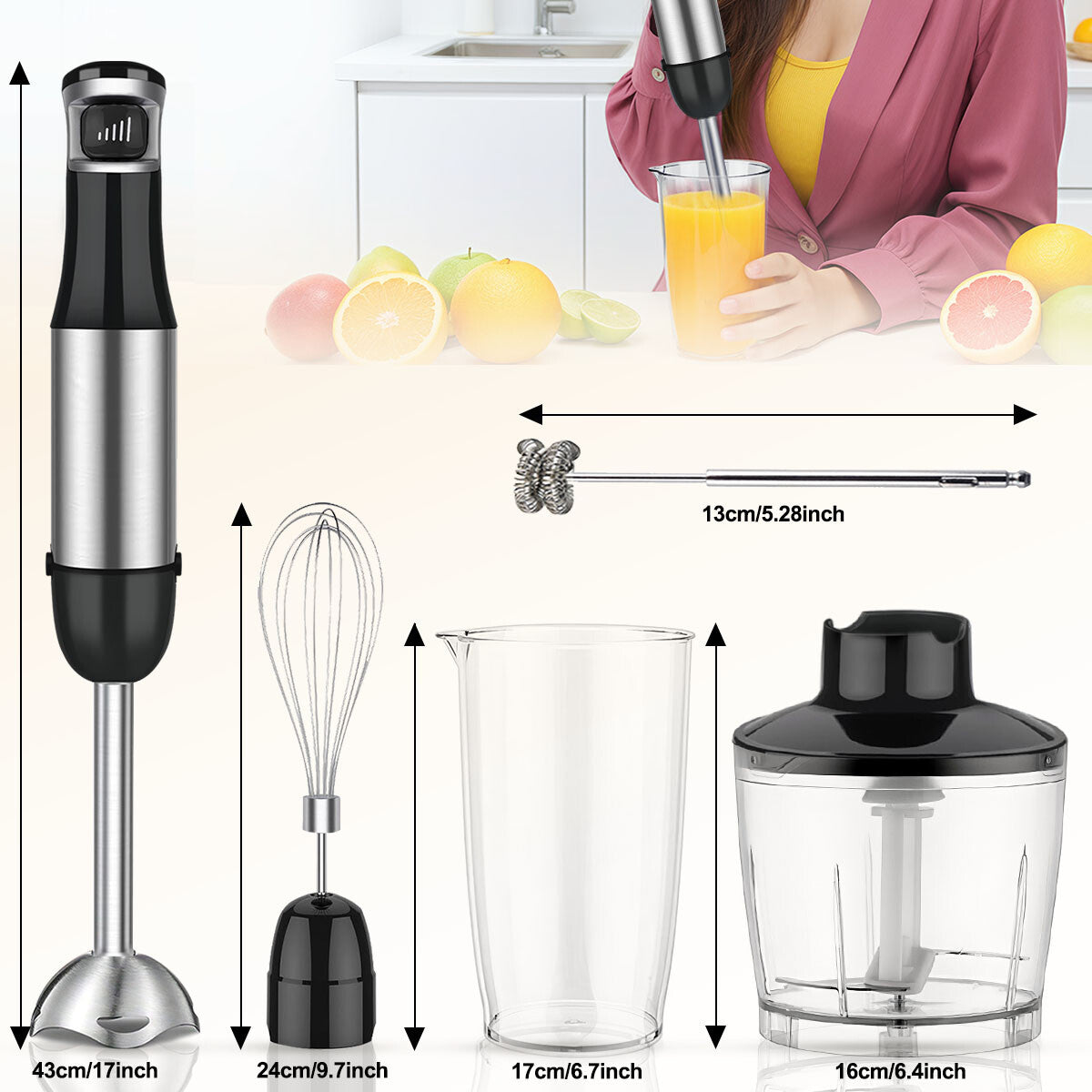 5 in 1 Stabmixer 800W Hand Blender Pürierstab Pürierer Püriergerät Mixer Silber