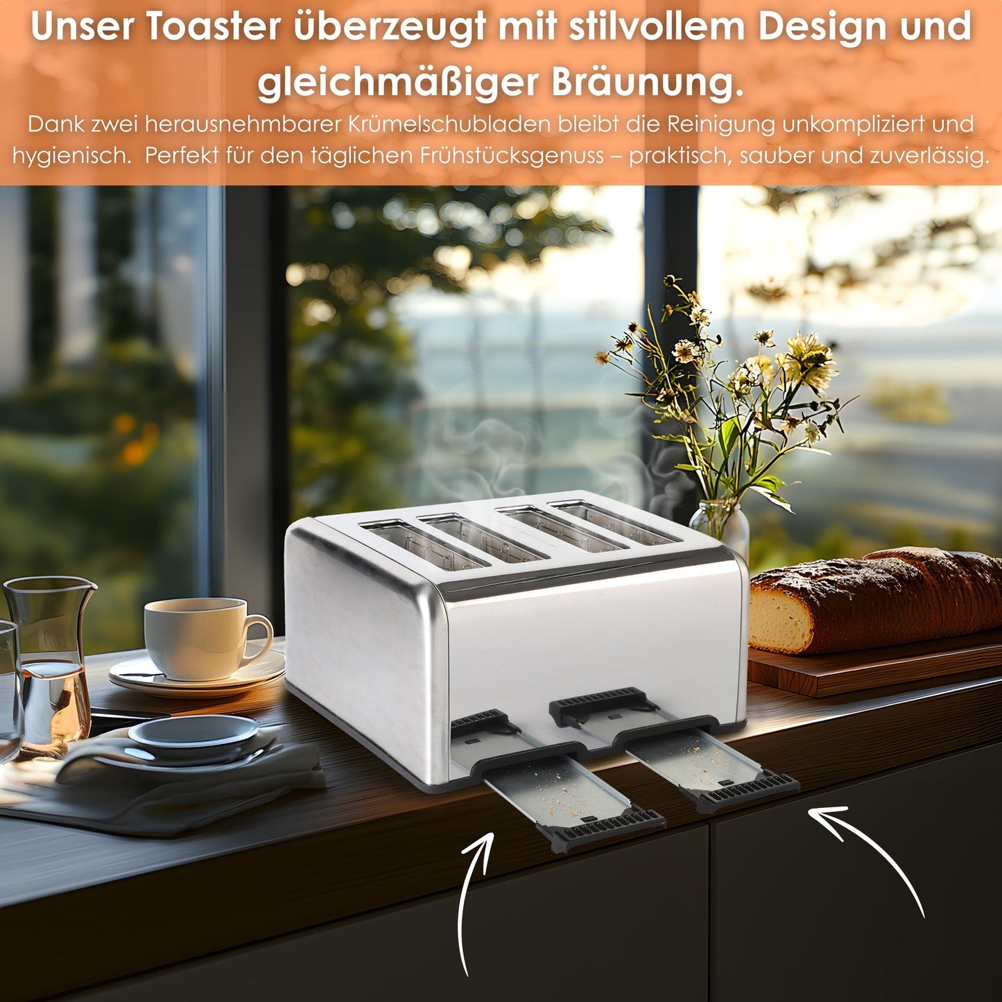 Toaster 4 Scheiben Toastautomat Brötchenaufsatz Krümelschublade