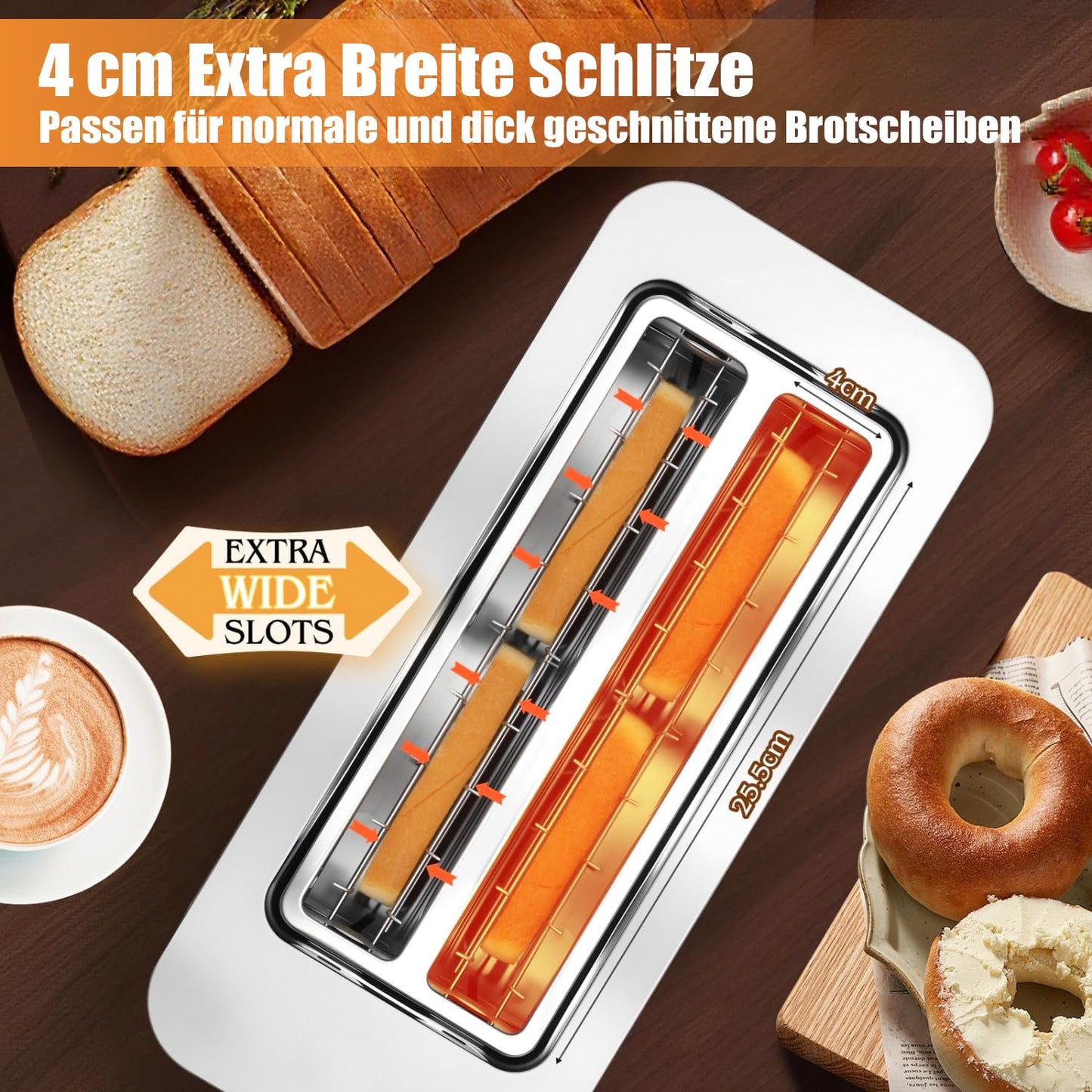 Langschlitztoaster 4 Scheiben mit Brötchenaufsatz 1400W Edelstahl