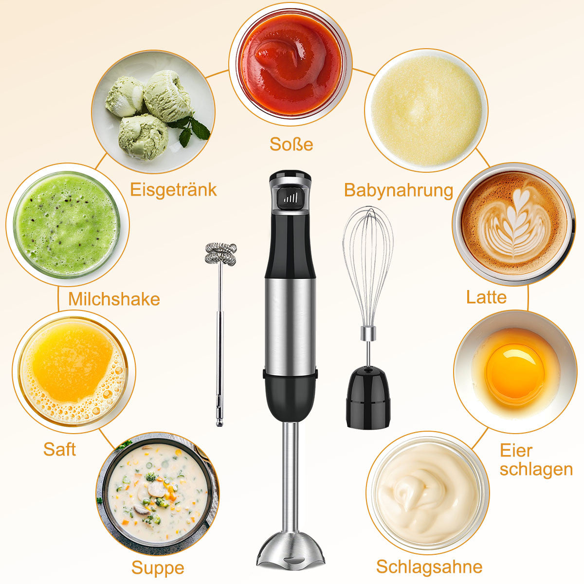 5 in 1 Stabmixer 800W Hand Blender Pürierstab Pürierer Püriergerät Mixer Silber