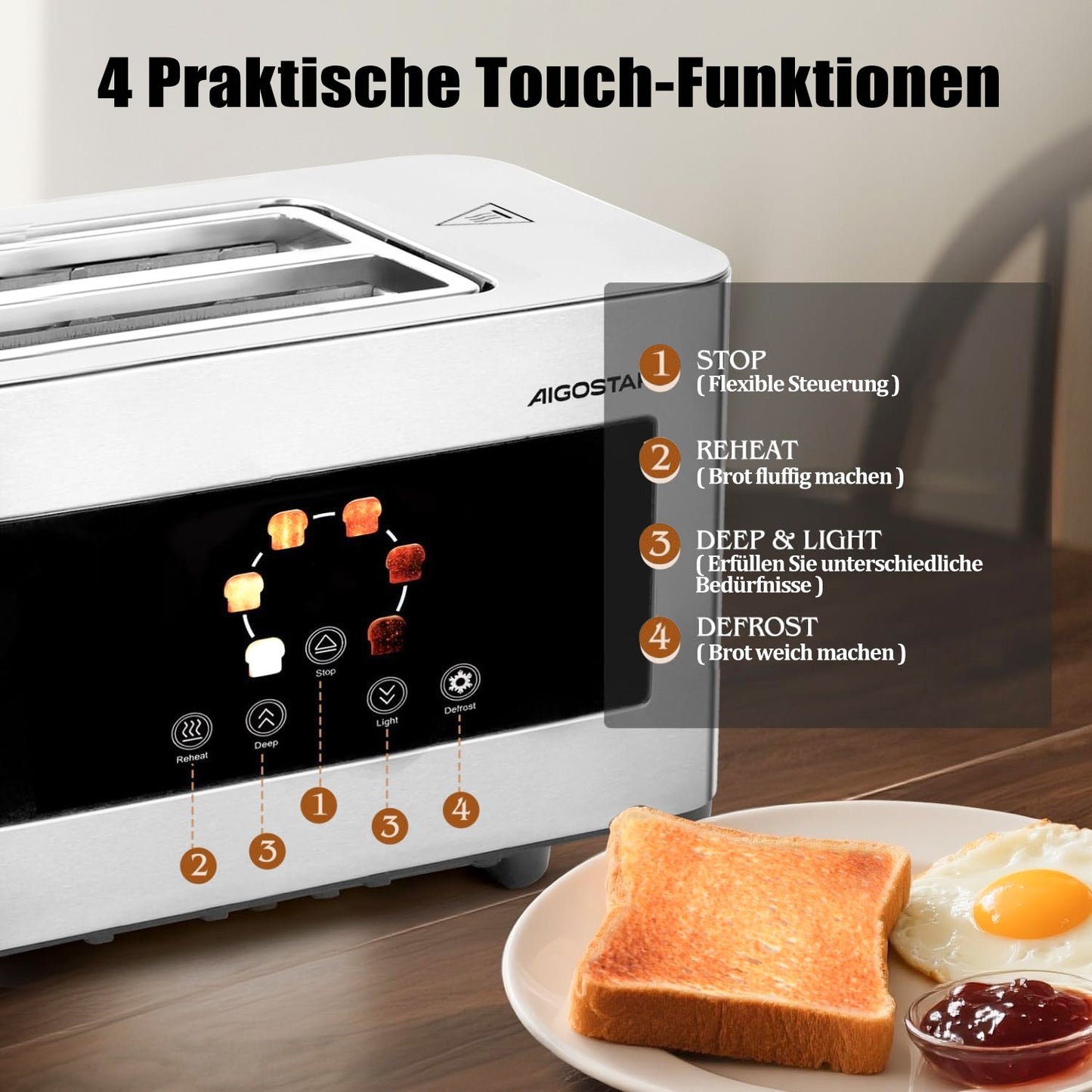 Langschlitztoaster 4 Scheiben mit Brötchenaufsatz 1400W Edelstahl