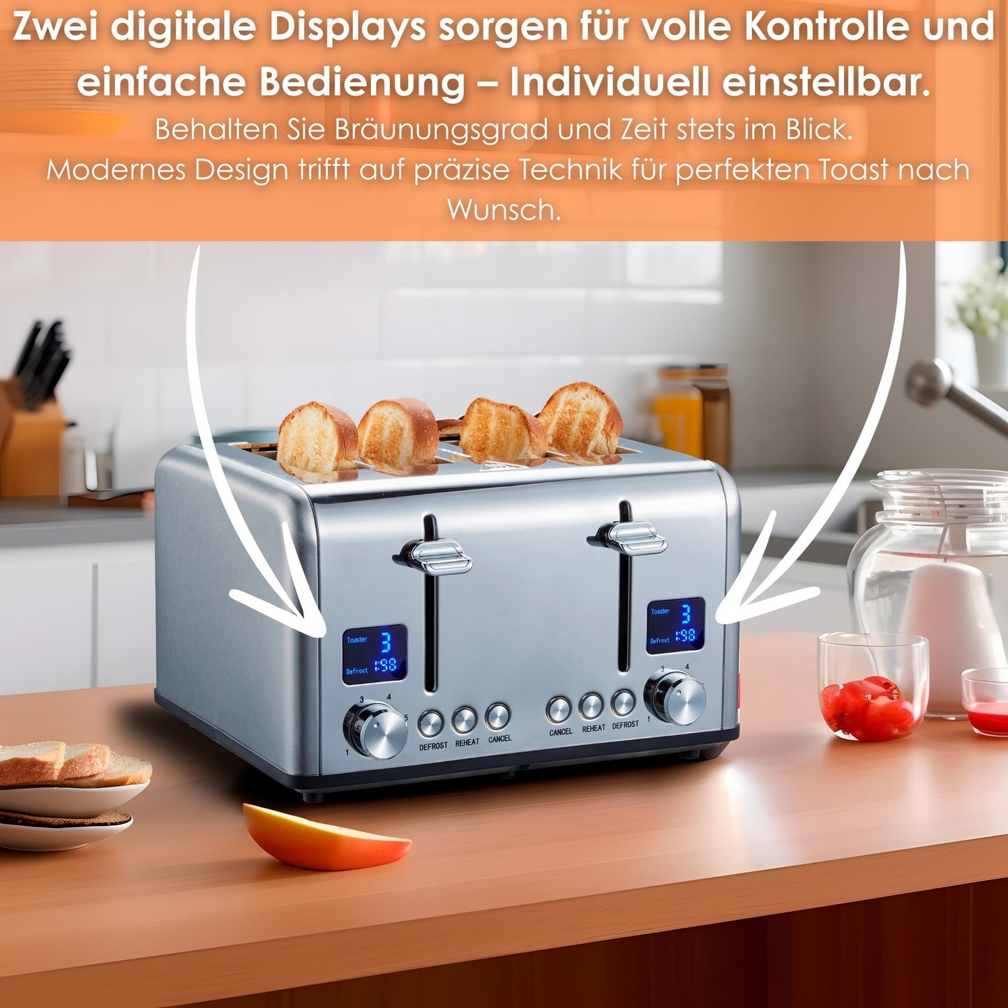 Toaster 4 Scheiben Toastautomat Brötchenaufsatz Krümelschublade