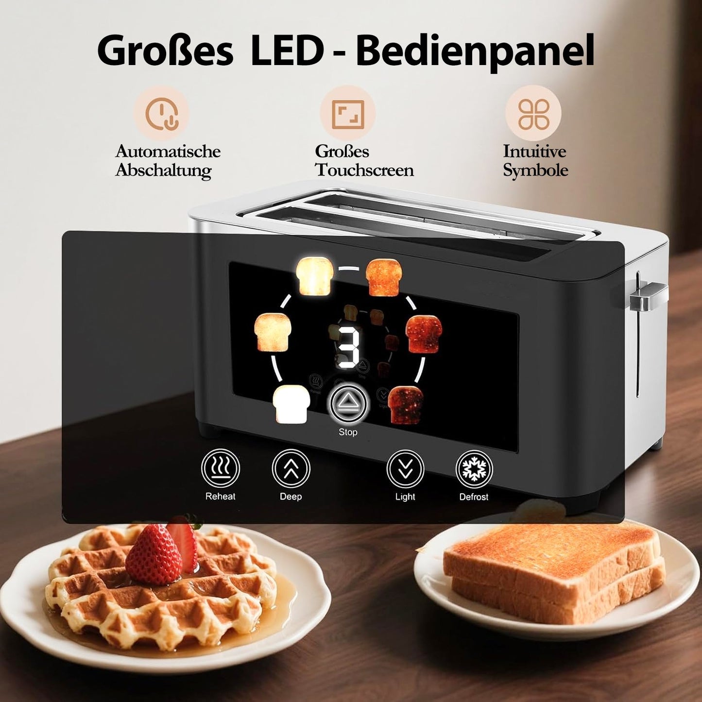 Langschlitztoaster 4 Scheiben mit Brötchenaufsatz 1400W Edelstahl