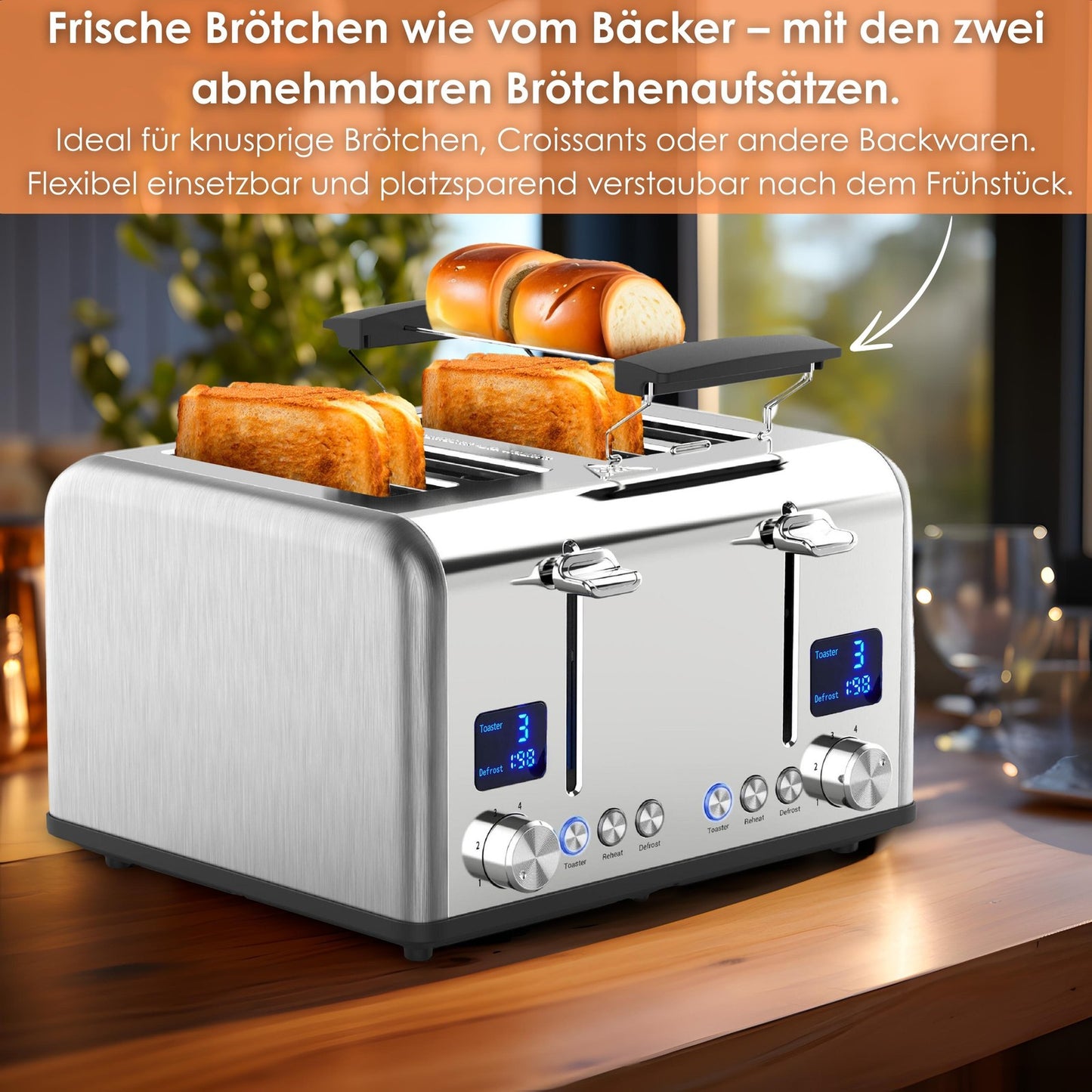 Toaster 4 Scheiben Toastautomat Brötchenaufsatz Krümelschublade